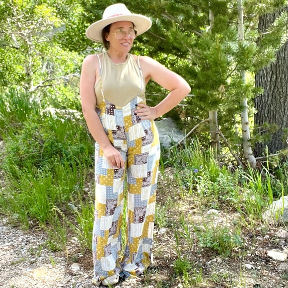 Lucca Couture Pants - New! Patchwork Vintage Style Wide Leg Spaghetti Strap Overalls Jumpsuit